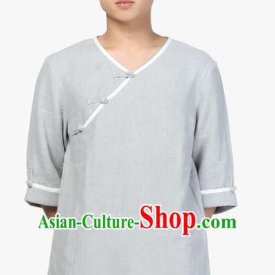 Chinese Traditional Tang Suit Costume National Clothing Slant Opening Grey Ramie Shirt Upper Outer Garment for Men