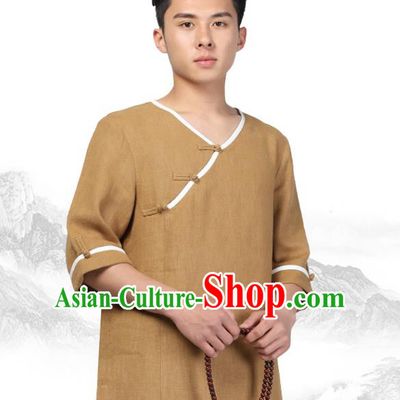 Chinese Traditional Tang Suit Costume National Clothing Slant Opening Khaki Ramie Shirt Upper Outer Garment for Men