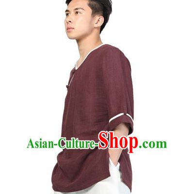 Chinese Traditional Tang Suit Costume National Clothing Slant Opening Wine Red Ramie Shirt Upper Outer Garment for Men