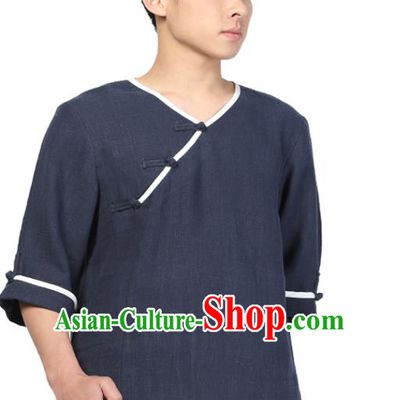 Chinese Traditional Tang Suit Costume National Clothing Slant Opening Navy Ramie Shirt Upper Outer Garment for Men