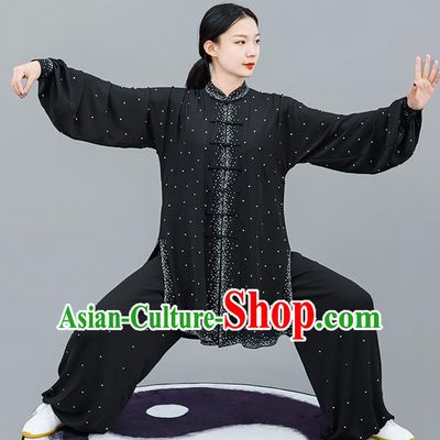 Professional Tai Chi Competition Diamante Costume Tai Ji Training Outfits Clothing Top Grade Martial Arts Black Uniform for Women