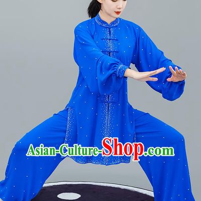 Professional Tai Chi Competition Diamante Costume Tai Ji Training Outfits Clothing Top Grade Martial Arts Royalblue Uniform for Women