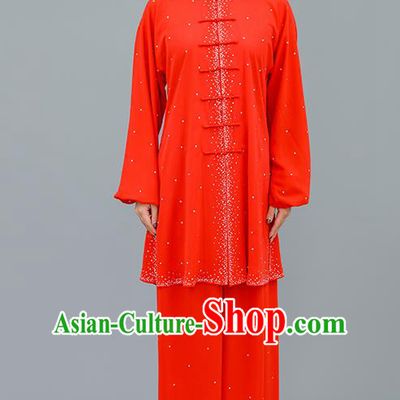 Professional Tai Chi Competition Diamante Costume Tai Ji Training Outfits Clothing Top Grade Martial Arts Red Uniform for Women