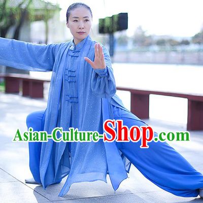 Chinese Traditional Tai Chi Competition Costume Professional Tai Ji Training Outfits Clothing Top Grade Martial Arts Blue Uniform for Women