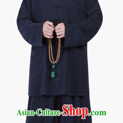 Chinese Traditional Buddhism Costume Shaolin Monk Clothing Navy Blouse and Pants Complete Set for Men