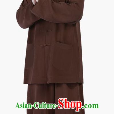 Chinese Traditional Buddhism Costume Shaolin Monk Clothing Brown Blouse and Pants Complete Set for Men