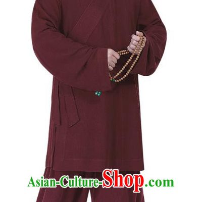 Chinese Traditional Shaolin Monk Costume Buddhism Clothing Purplish Red Slant Opening Blouse and Pants Complete Set