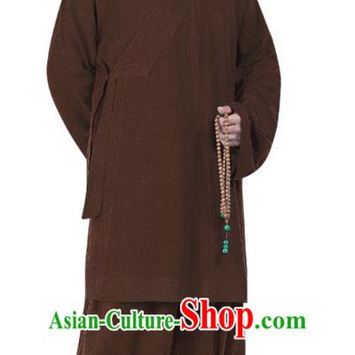 Chinese Traditional Shaolin Monk Costume Buddhism Clothing Brown Slant Opening Blouse and Pants Complete Set