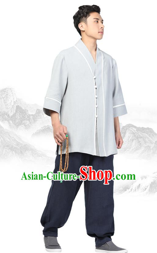 Chinese Traditional Tang Suit Costume National Clothing Grey Ramie Shirt for Men Chinese Traditional Tang Suit Costume National Clothing Grey Ramie Shirt for Men
