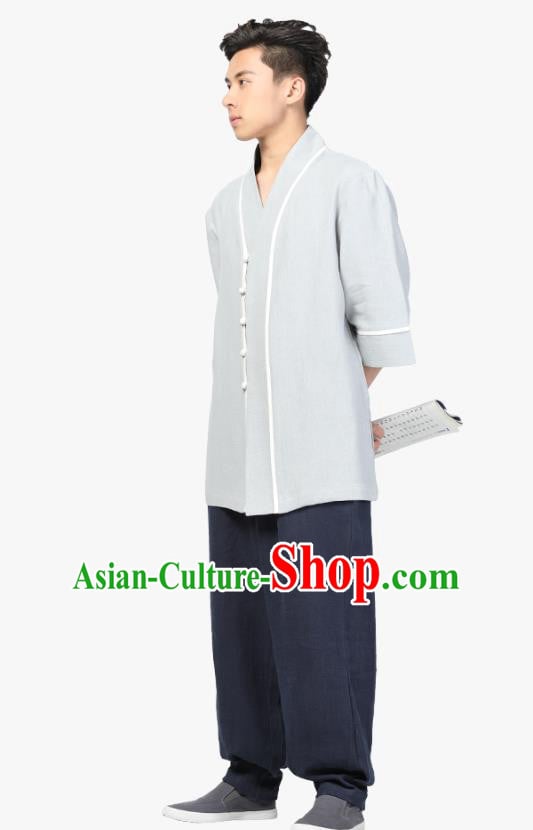 Chinese Traditional Tang Suit Costume National Clothing Grey Ramie Shirt for Men Chinese Traditional Tang Suit Costume National Clothing Grey Ramie Shirt for Men