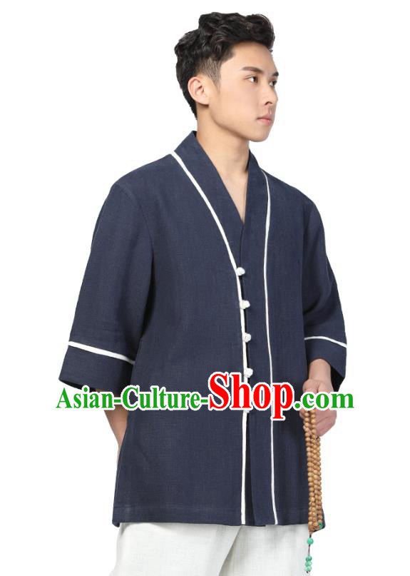 Chinese Traditional Tang Suit Costume National Clothing Navy Ramie Shirt for Men Chinese Traditional Tang Suit Costume National Clothing Navy Ramie Shirt for Men