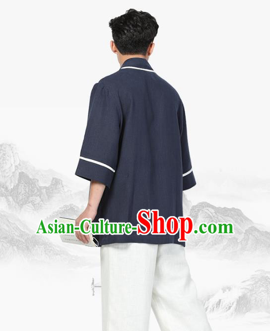 Chinese Traditional Tang Suit Costume National Clothing Navy Ramie Shirt for Men Chinese Traditional Tang Suit Costume National Clothing Navy Ramie Shirt for Men