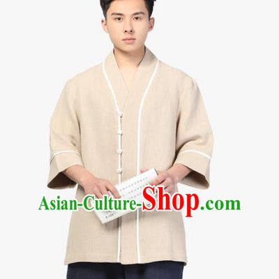 Chinese Traditional Tang Suit Costume National Clothing Beige Ramie Shirt for Men