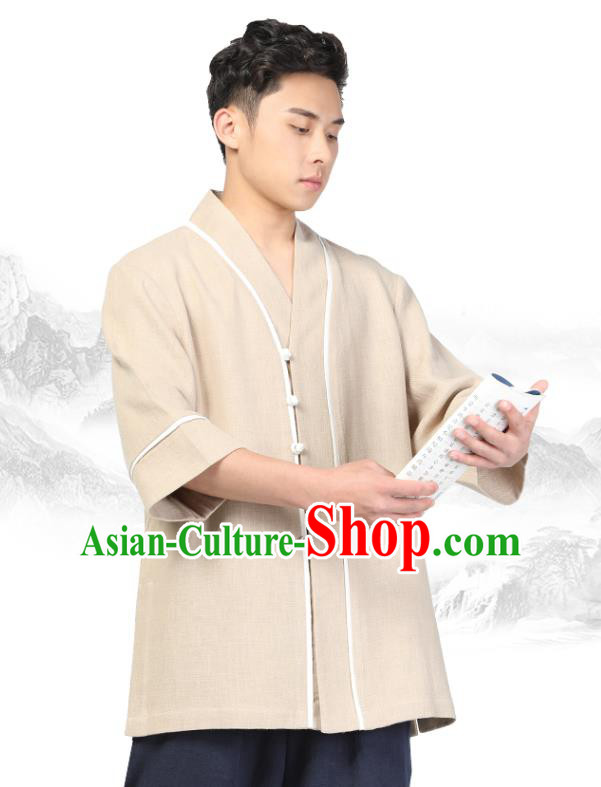 Chinese Traditional Tang Suit Costume National Clothing Beige Ramie Shirt for Men Chinese Traditional Tang Suit Costume National Clothing Beige Ramie Shirt for Men