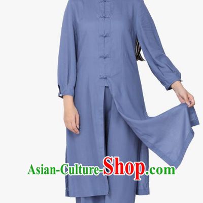 Chinese Traditional Meditation Costume Top Grade Tai Ji Uniforms Professional Tang Suit Blue Zen Outfits for Women