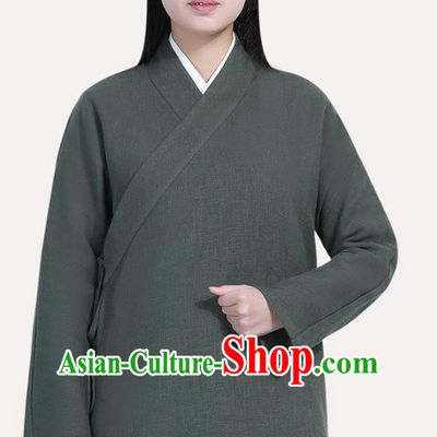 Chinese Traditional Lay Buddhist Costume Top Grade Tai Ji Uniforms Professional Tang Suit Women Atrovirens Ramie Meditation Outfits