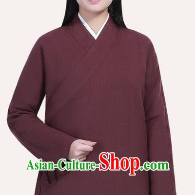 Chinese Traditional Lay Buddhist Costume Top Grade Tai Ji Uniforms Professional Tang Suit Women Wine Red Ramie Meditation Outfits