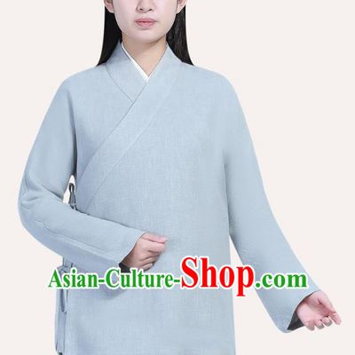 Chinese Traditional Lay Buddhist Costume Top Grade Tai Ji Uniforms Professional Tang Suit Women Light Grey Ramie Meditation Outfits