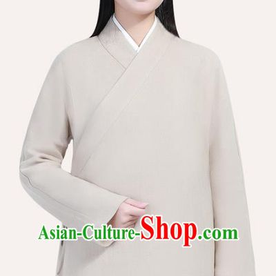 Chinese Traditional Lay Buddhist Costume Top Grade Tai Ji Uniforms Professional Tang Suit Women Beige Ramie Meditation Outfits