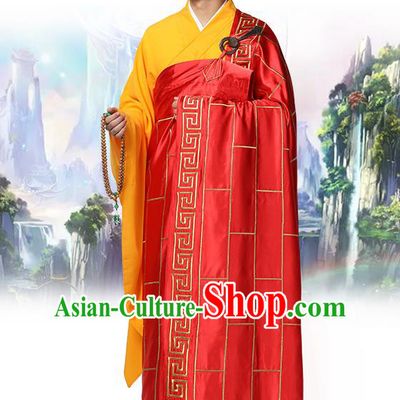 Chinese Traditional Monk Red Silk Frock Costume Buddhism Clothing Cassock Bonze Garment for Men