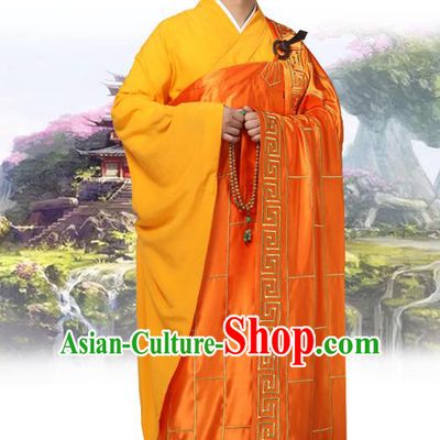 Chinese Traditional Monk Orange Silk Frock Costume Buddhism Clothing Cassock Bonze Garment for Men