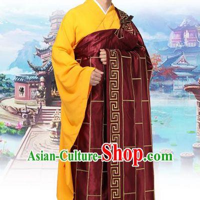 Chinese Traditional Monk Wine Red Silk Frock Costume Buddhism Clothing Cassock Bonze Garment for Men