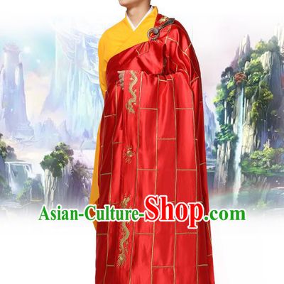 Chinese Traditional Monk Embroidered Dragon Red Silk Kasaya Costume Buddhism Gown Clothing Bonze Cassock Garment for Men