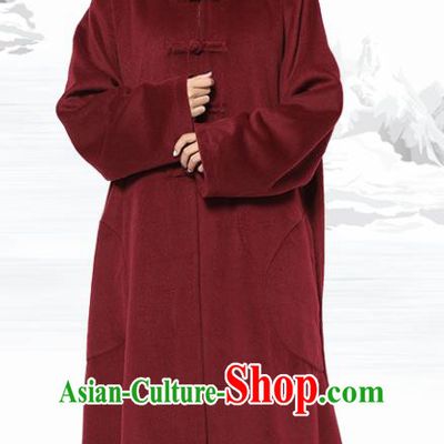 Chinese Traditional Women Lay Buddhist Costume Top Grade Tai Ji Uniforms Tang Suit Meditation Wine Red Dust Coat