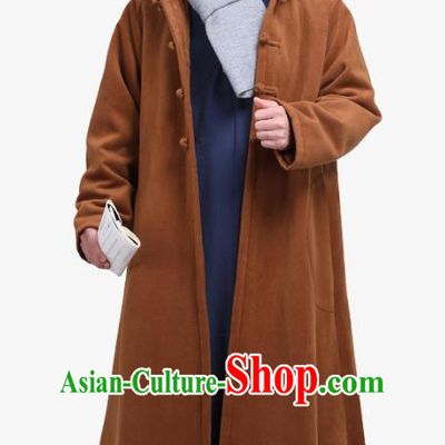 Chinese Traditional Winter Light Tan Cloak Costume Lay Buddhist Clothing Meditation Garment Dust Coat for Men