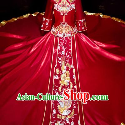 Top Grade Chinese Ancient Bride Phoenix Xiuhe Suit Toast Red Dress Traditional Wedding Embroidered Mandarin Duck Costumes for Women