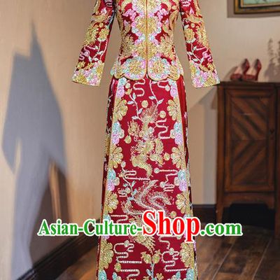 Top Grade Chinese Ancient Bride Drilling Diamante Xiuhe Suit Traditional Wedding Embroidered Phoenix Red Costumes for Women