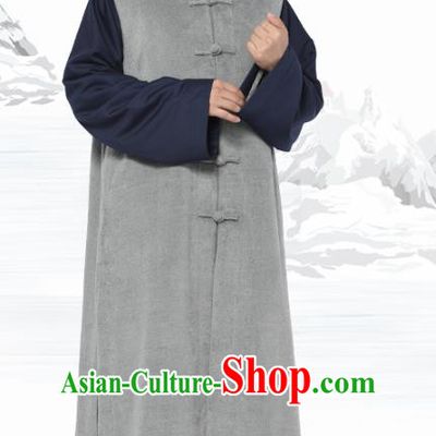 Chinese Traditional Winter Grey Long Vest Costume Meditation Garment Lay Buddhist Clothing for Men