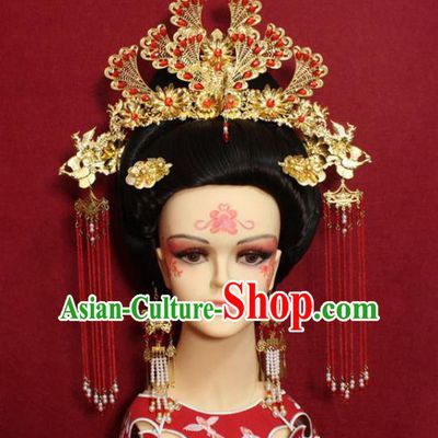 Traditional Handmade Chinese Ancient Queen Red Beads Hair Accessories Golden Phoenix Coronet Hair Jewelry Hair Fascinators Tassel Hairpins for Women