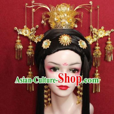 Traditional Chinese Ancient Golden Hair Accessories Phoenix Coronet Handmade Hair Jewelry Hair Fascinators Tassel Hairpins for Women