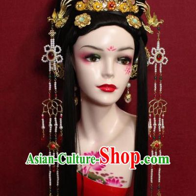 Traditional Chinese Ancient Empress Beads Tassel Hairpins Hair Accessories Phoenix Coronet Handmade Hair Jewelry Hair Fascinators for Women