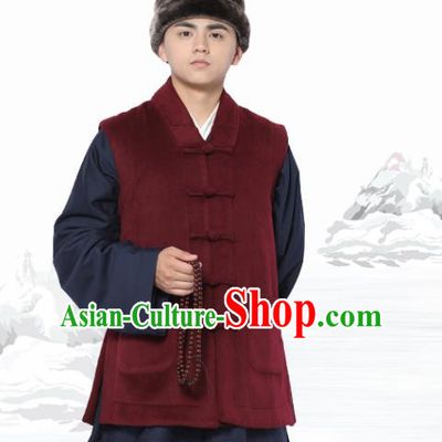 Chinese Traditional Winter Wine Red Vest Costume Meditation Garment Lay Buddhist Waistcoat for Men