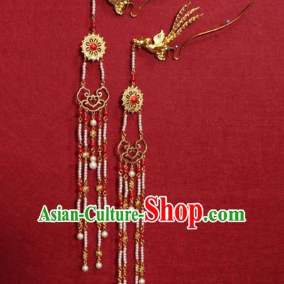 Traditional Chinese Handmade Ancient Ming Dynasty Princess Hair Accessories Golden Phoenix Tassel Hairpin for Women