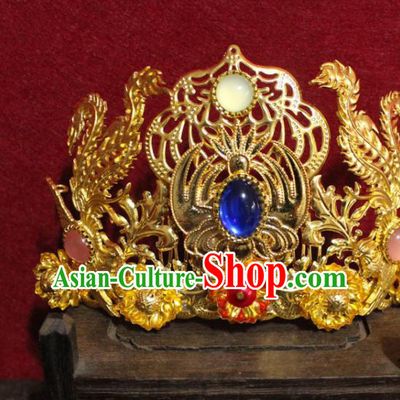 Traditional Chinese Handmade Blue Crystal Hair Crown Ancient Princess Hair Accessories Hairpin Golden Hair Comb for Women