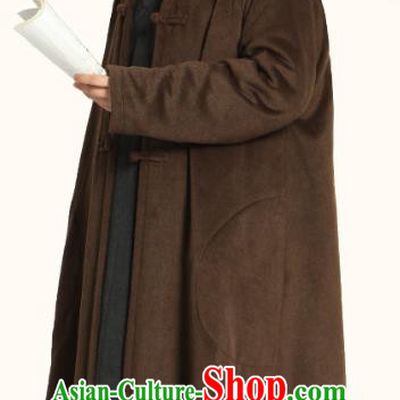 Chinese Traditional Winter Brown Woolen Cloak Costume Lay Buddhist Clothing Meditation Garment Dust Coat for Men