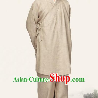 Chinese Traditional Monk Khaki Flax Short Gown and Pants Meditation Garment Buddhist Bonze Costume for Men