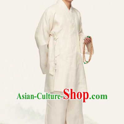Chinese Traditional Monk White Flax Short Gown and Pants Meditation Garment Buddhist Bonze Costume for Men