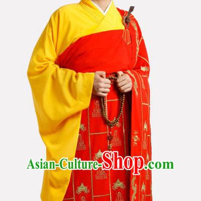 Chinese Traditional Monk Buddhist Statues Pattern Red Kasaya Meditation Vestment Garment Buddhist Cassock Costume for Men