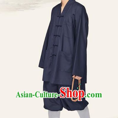 Chinese Traditional Meditation Garment Buddhist Bonze Costume Monk Navy Short Gown and Pants for Men