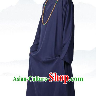 Chinese Traditional Buddhist Bonze Costume Meditation Garment Monk Navy Robe Frock for Men