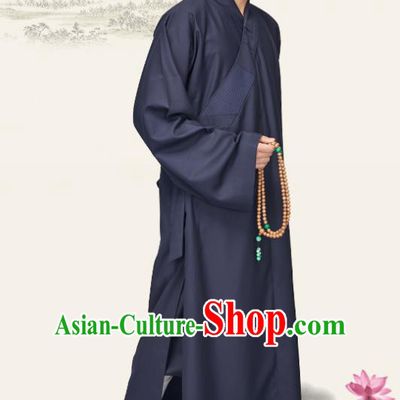 Chinese Traditional Buddhist Bonze Costume Meditation Garment Monk Purplish Blue Robe Frock for Men