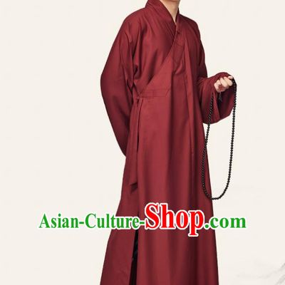 Chinese Traditional Buddhist Bonze Costume Meditation Garment Monk Purplish Red Robe Frock for Men