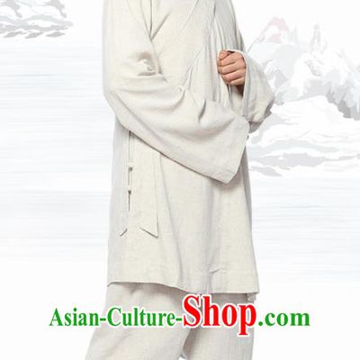 Chinese Traditional Monk White Short Gown and Pants Meditation Garment Buddhist Costume for Men
