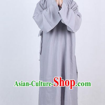 Chinese Traditional Buddhist Monk Grey Robe Costume Meditation Garment Dharma Assembly Bonze Frock Gown for Men