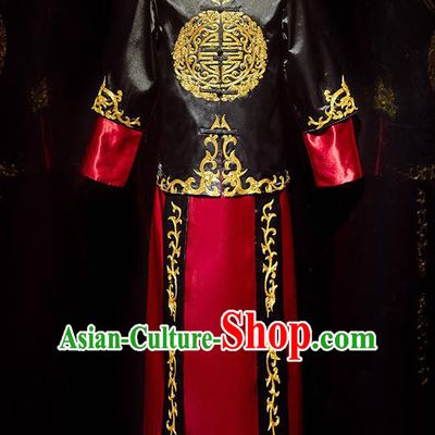 Chinese Handmade Bridegroom Embroidered Costume Traditional Wedding Garment Clothing Tang Suit Black Mandarin Jacket and Robe for Men