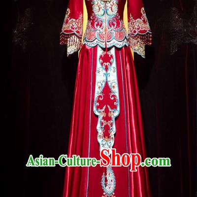 Top Grade Chinese Traditional Wedding Embroidered Costumes Ancient Bride Xiuhe Suit Toast Red Beads Tassel Dress for Women